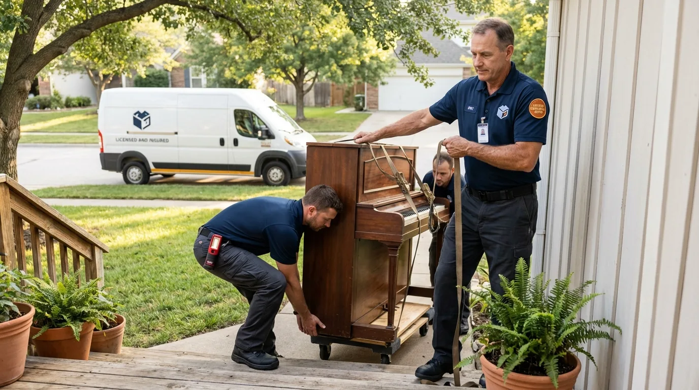 Licensed piano movers securing grand piano in Saint Marys, PA