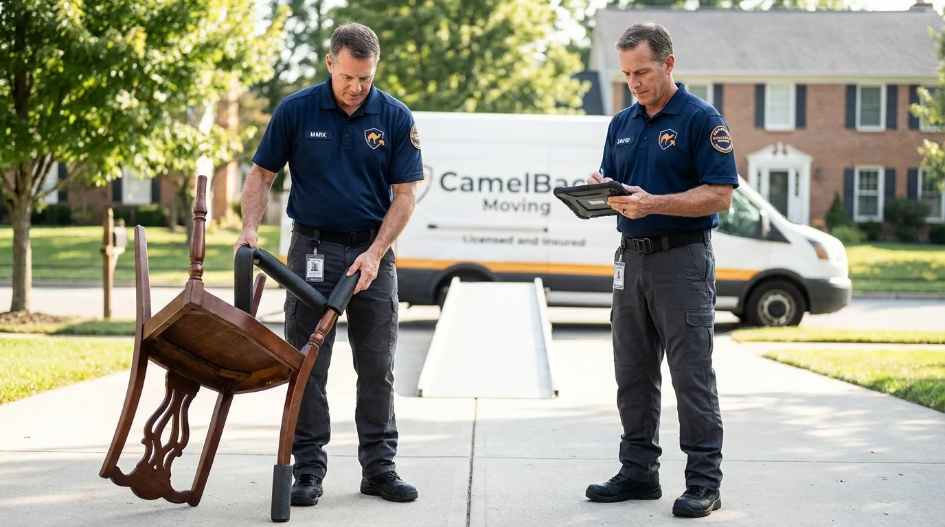 Movers inspecting furniture for damage prevention before loading in Saint Marys, PA