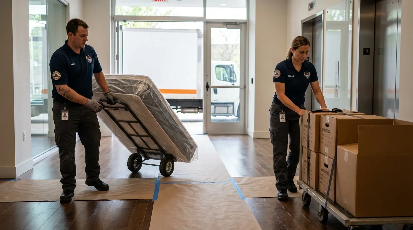 Professional apartment movers loading elevator in Saint Marys, PA