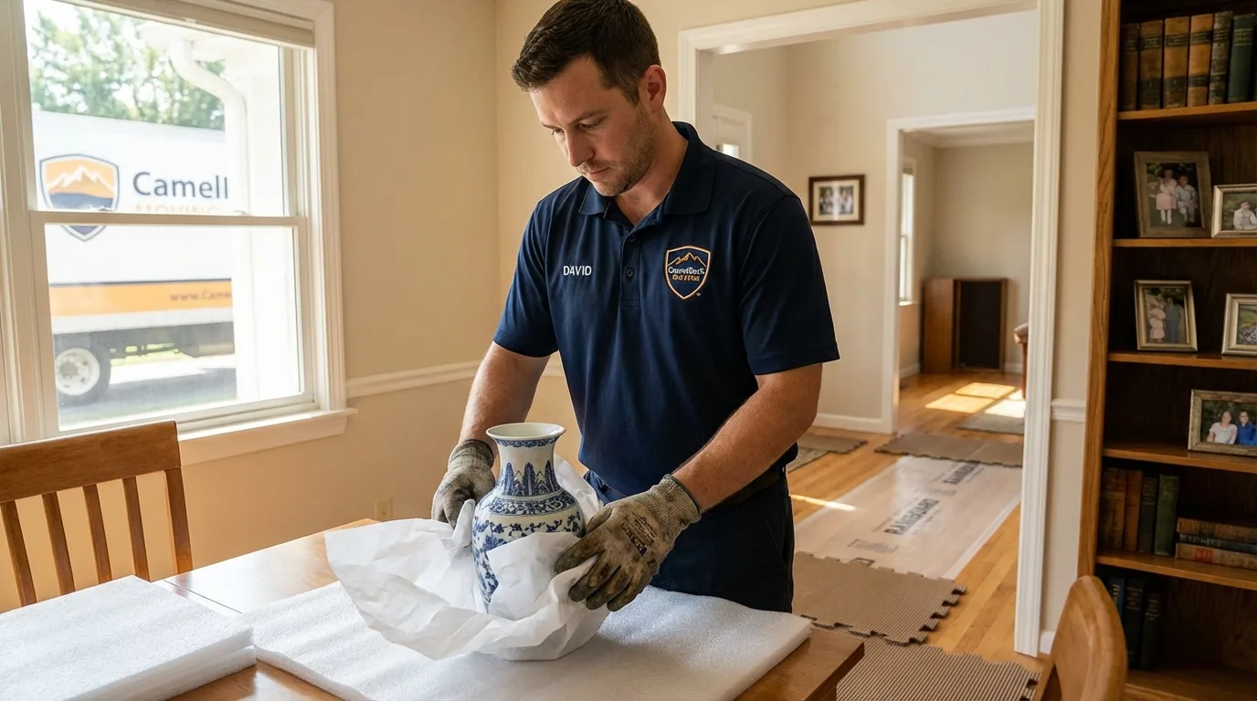 Professional crew carefully wrapping antique vase for senior downsizing move in Saint Marys, PA